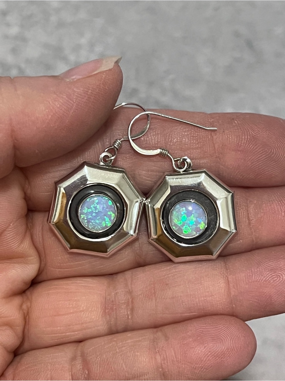 Vintage Silver Octagon Drop Earrings with Green-Blue Opal